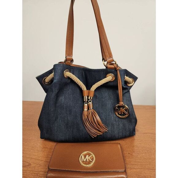 MICHAEL Michael Kors Navy Blue/Brown Denim and Leather Marina Drawstring Bucket
